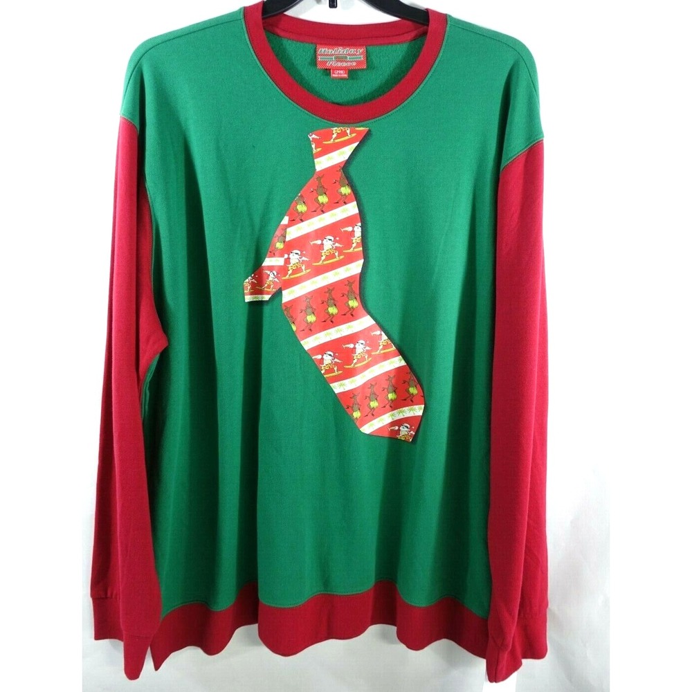 Men Holiday Sweatshirt LT Big and Tall Tie Look with Surfing Santa Hula Reindeer
